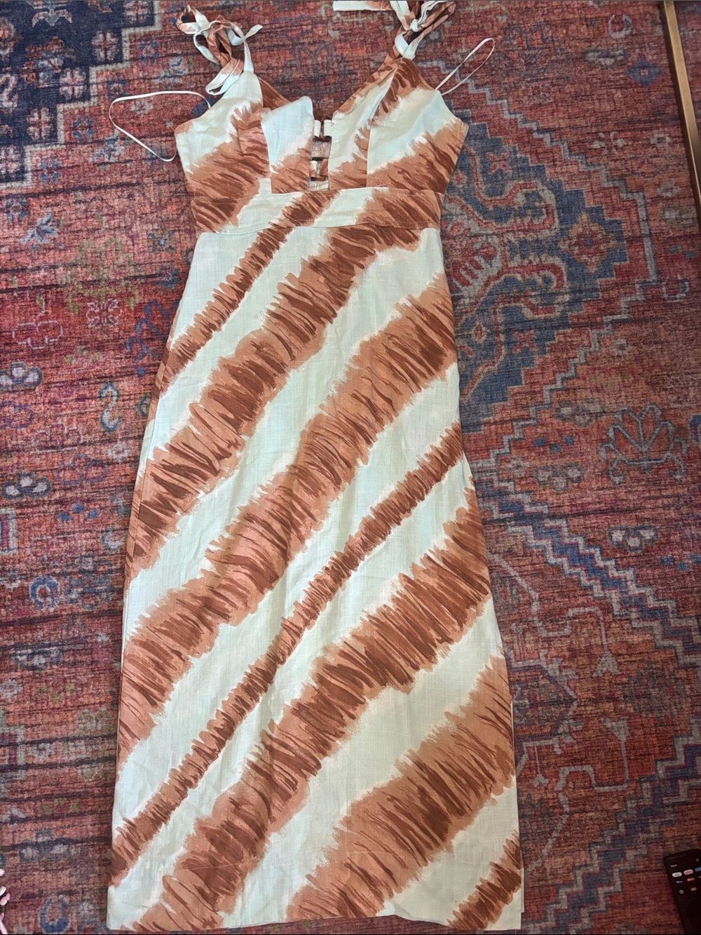 Moon River Diagonal Brushstroke Midi Dress in Cream and Brown
